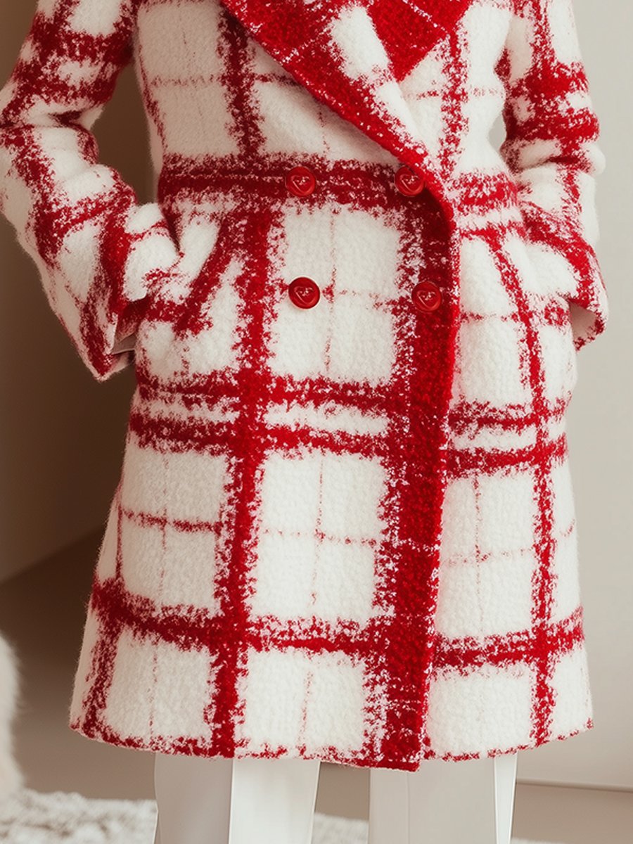 Textured Red Plaid Double-Breasted Wool Coat Textured Red Plaid Double-Breasted Wool Coat