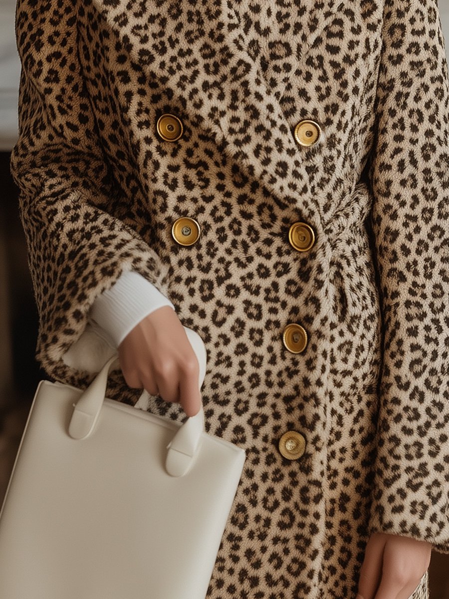 Leopard Print Double-Breasted Coat with Gold Buttons and Shearling Collar Leopard Print Double-Breasted Coat with Gold Buttons and Shearling Collar