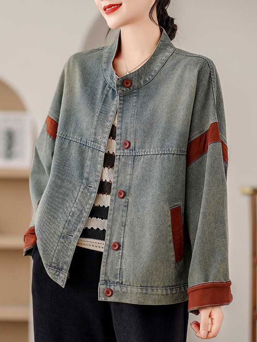 Casual Button-Up Denim Jacket with Brown Accent Trim Casual Button-Up Denim Jacket with Brown Accent Trim