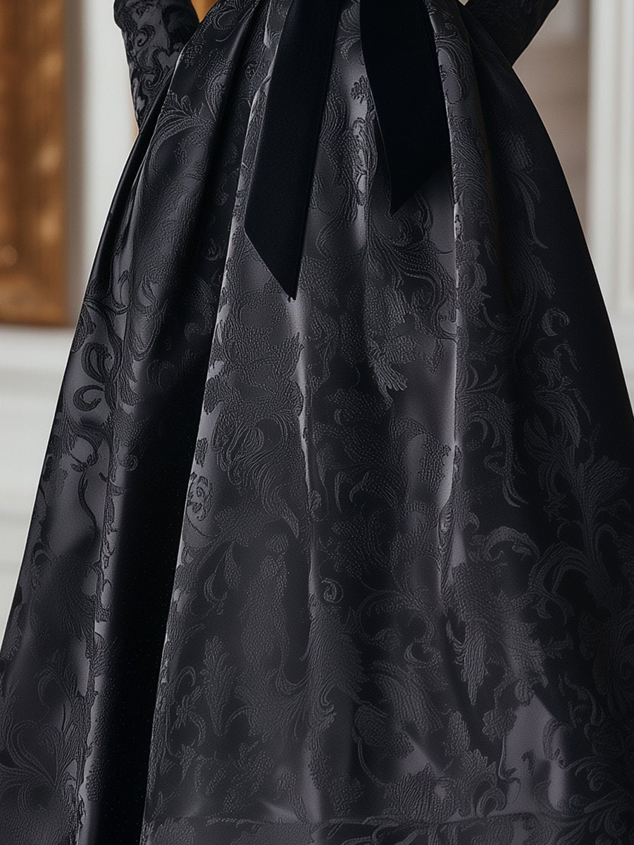 Black Satin Jacquard Dress with Elegant Floral Patterns and Belted Waist Black Satin Jacquard Dress with Elegant Floral Patterns and Belted Waist
