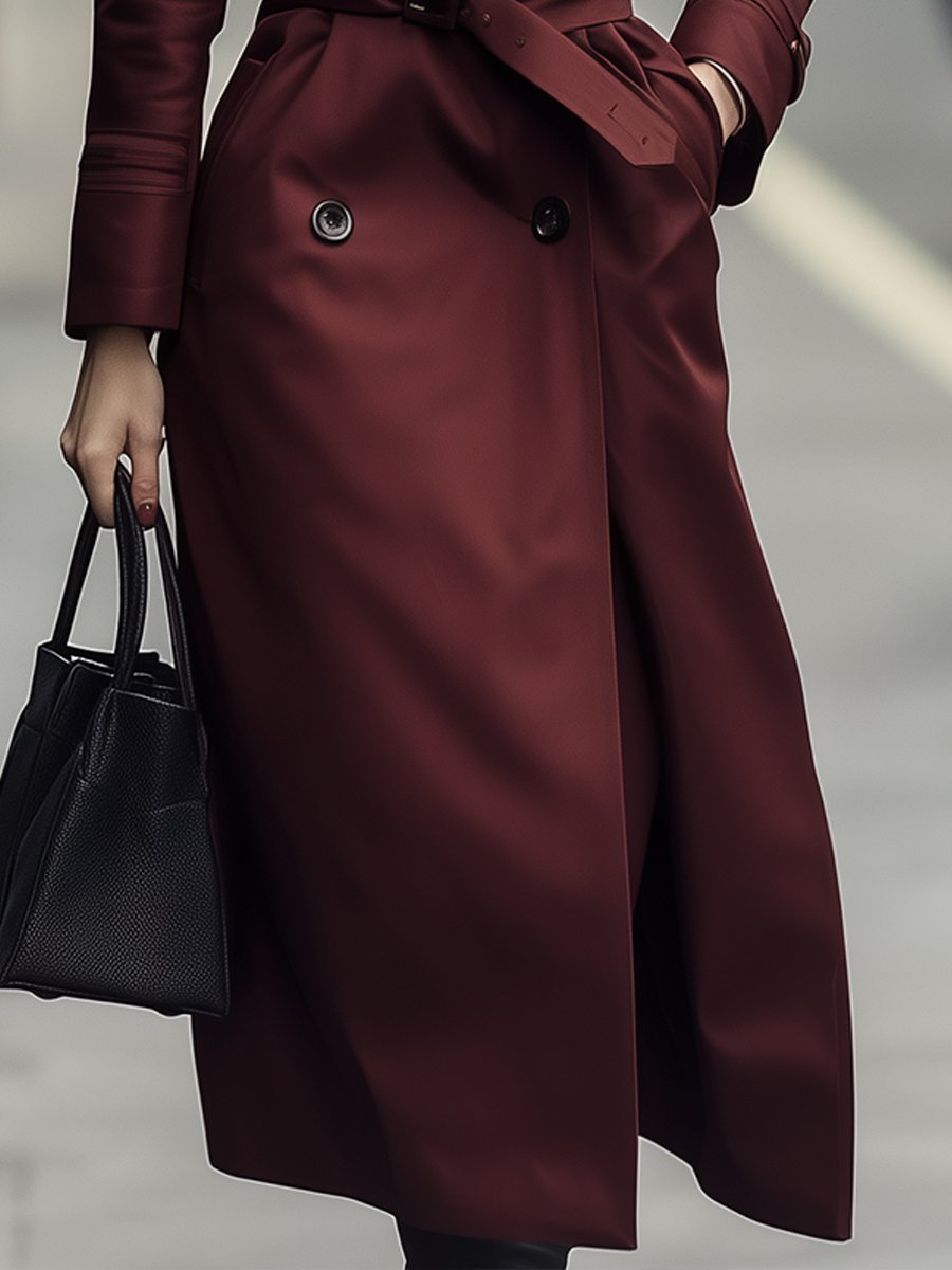 Classic Double-Breasted Belted Trench Coat In Burgundy Classic Double-Breasted Belted Trench Coat In Burgundy