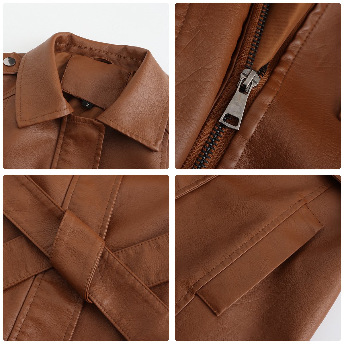 Classic Faux Leather Plain Long-sleeved Trench Coat with Belt
