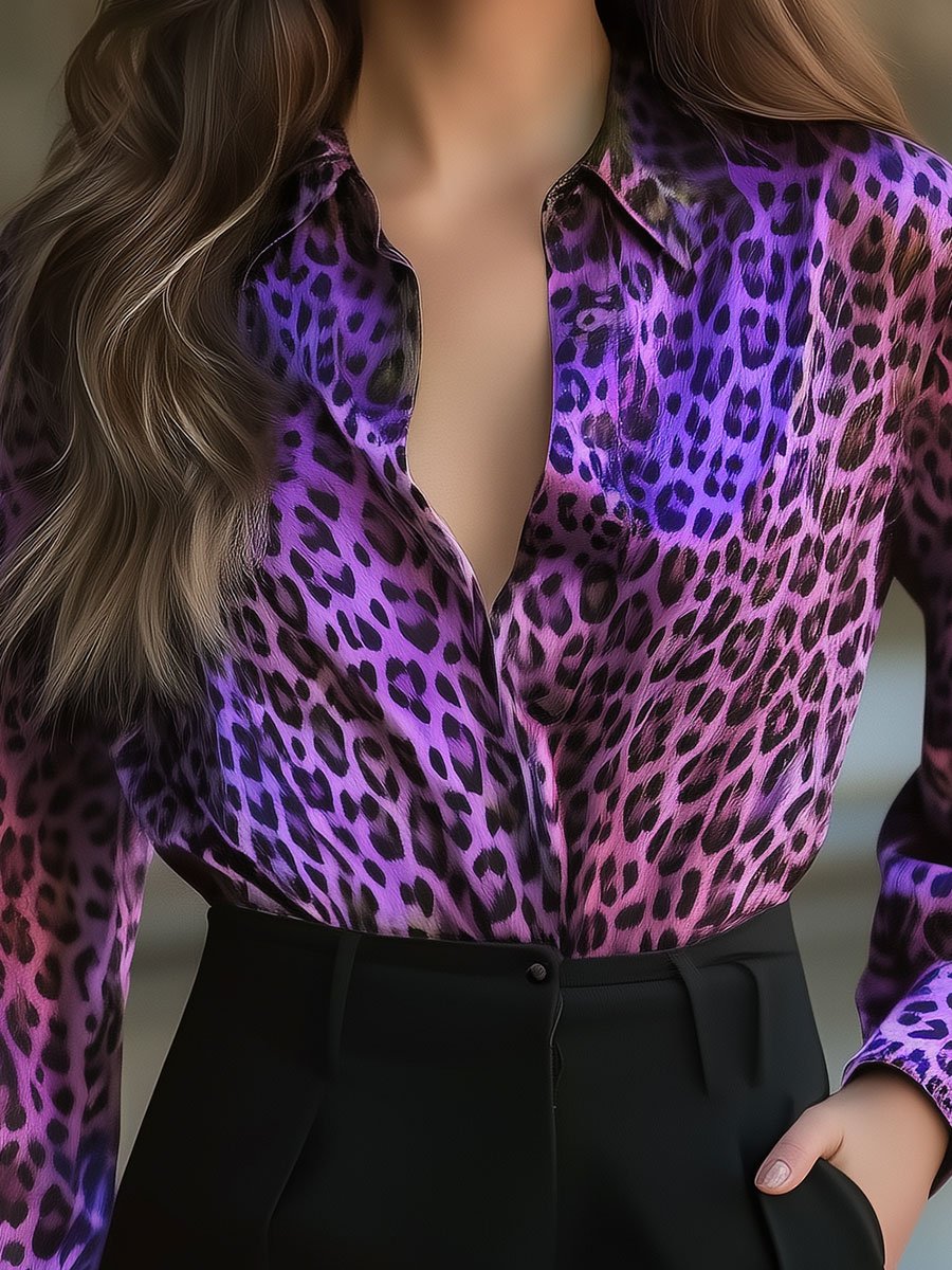 Vibrant Purple Leopard Print Satin Blouse Vibrant Purple Leopard Print Satin Blouse